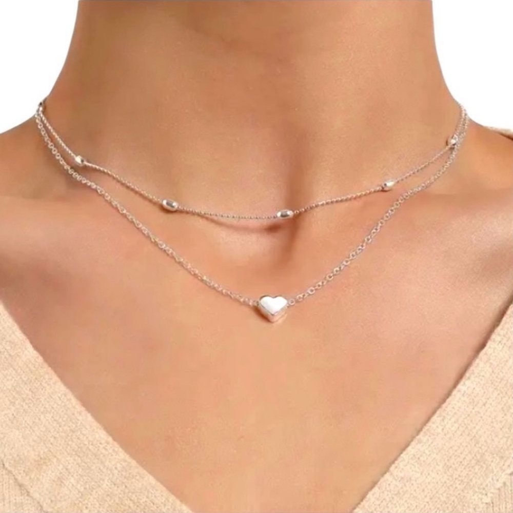 SILVER SET LAYERED HEART NECKLACE ADJUSTABLE LENGTH 2 NECKLACES NIP